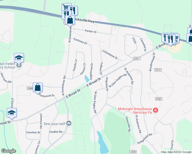map of restaurants, bars, coffee shops, grocery stores, and more near 3126 Meadow Rue Ln in Statesville