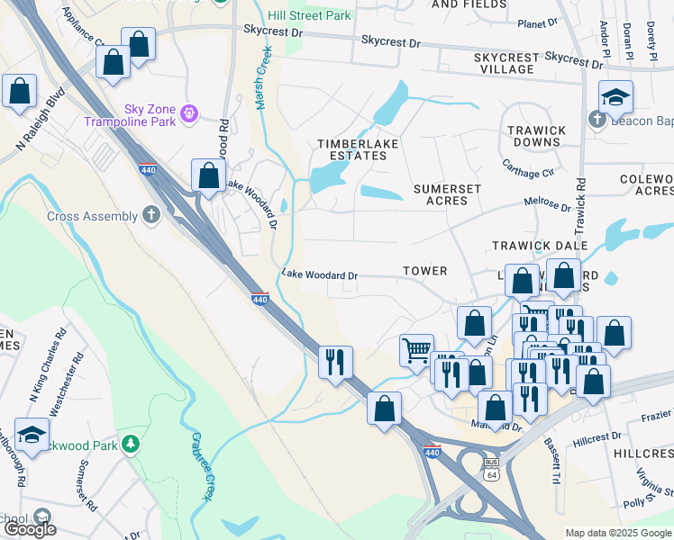 map of restaurants, bars, coffee shops, grocery stores, and more near 3217 Lake Woodard Drive in Raleigh