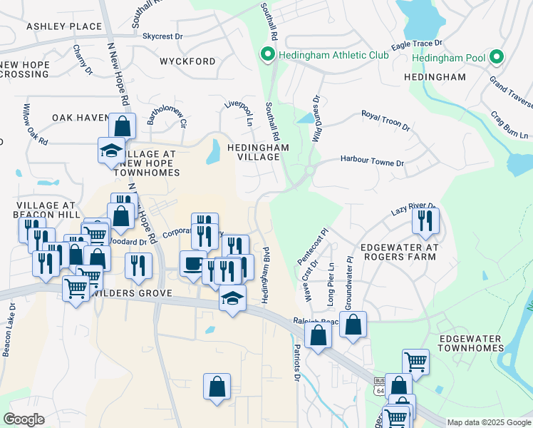 map of restaurants, bars, coffee shops, grocery stores, and more near 1500 Hedingham Boulevard in Raleigh