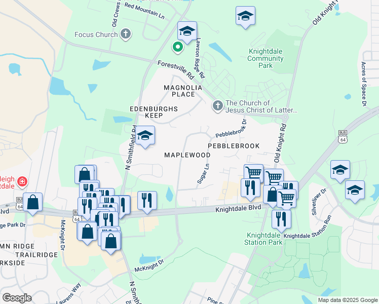 map of restaurants, bars, coffee shops, grocery stores, and more near 110 Maplewood Drive in Knightdale