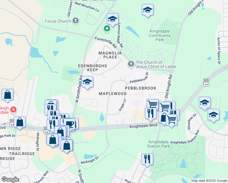 map of restaurants, bars, coffee shops, grocery stores, and more near 110 Maplewood Drive in Knightdale