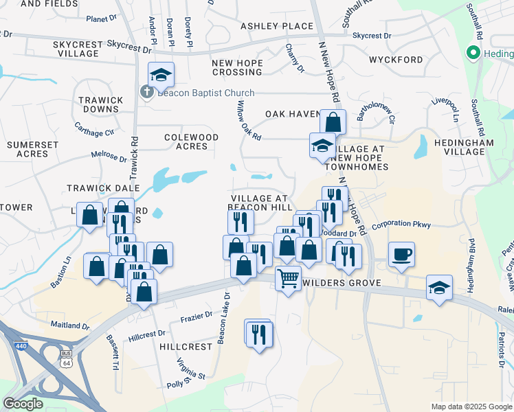 map of restaurants, bars, coffee shops, grocery stores, and more near 1333 Beacon Village Drive in Raleigh