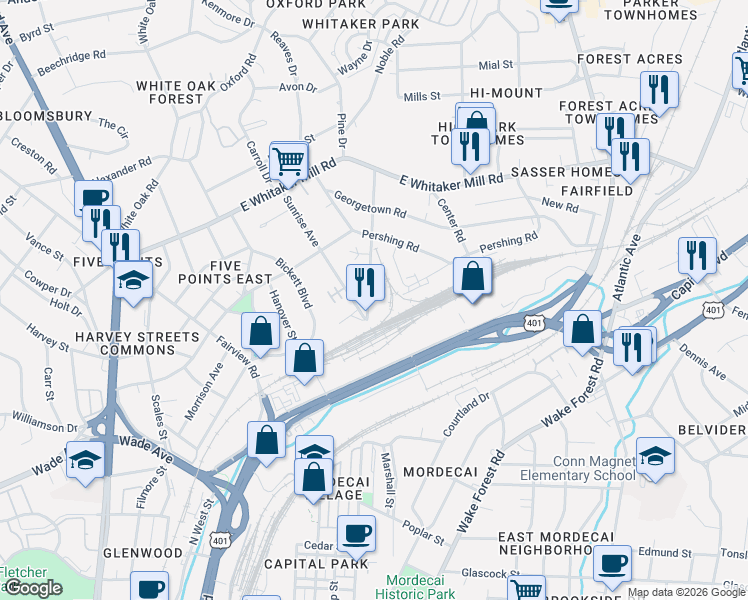 map of restaurants, bars, coffee shops, grocery stores, and more near 1500 Carson St in Raleigh