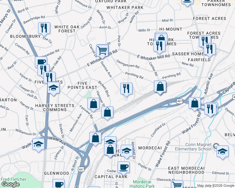map of restaurants, bars, coffee shops, grocery stores, and more near 1513 Sunrise Avenue in Raleigh