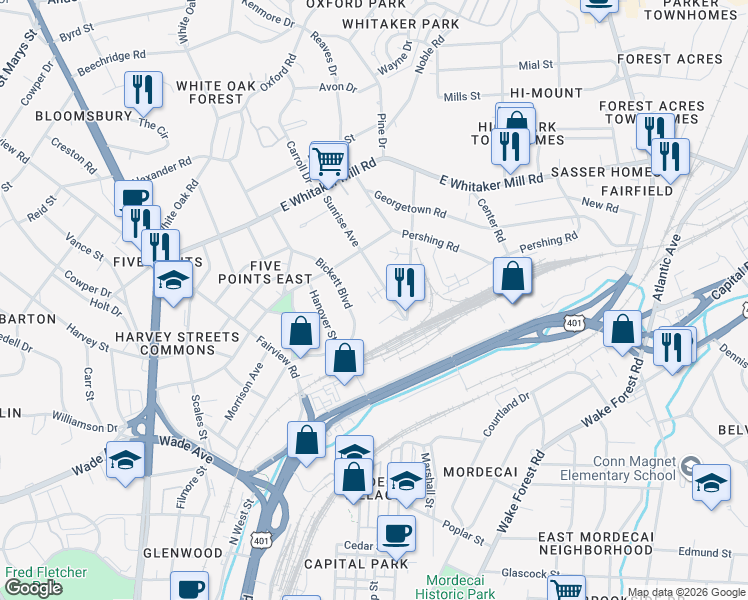 map of restaurants, bars, coffee shops, grocery stores, and more near 1513 Sunrise Avenue in Raleigh