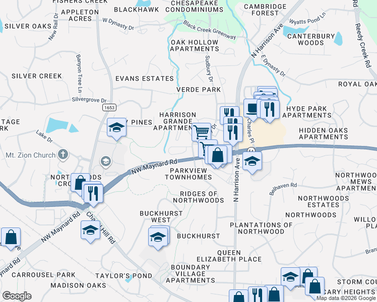 map of restaurants, bars, coffee shops, grocery stores, and more near 114 Boldleaf Court in Cary
