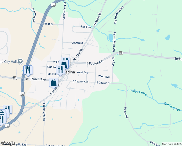 map of restaurants, bars, coffee shops, grocery stores, and more near 124 South Campbell Street in Medina