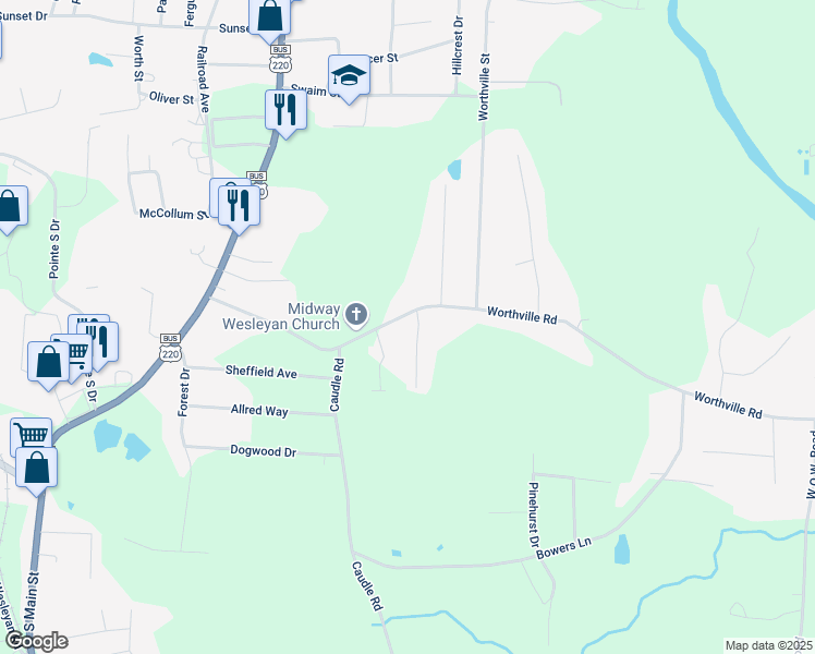 map of restaurants, bars, coffee shops, grocery stores, and more near 3367 Midway View Drive in Randleman