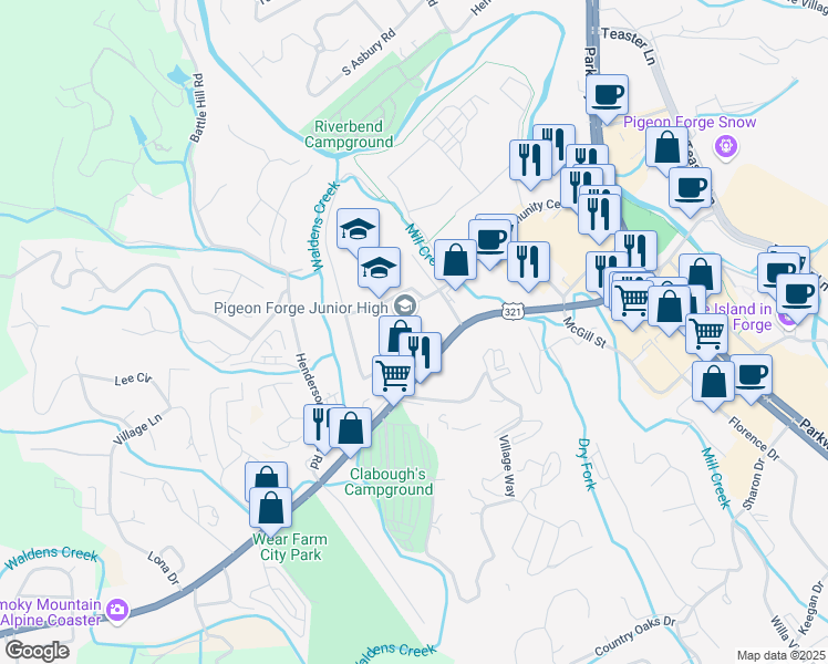 map of restaurants, bars, coffee shops, grocery stores, and more near 300 Wears Valley Road in Pigeon Forge