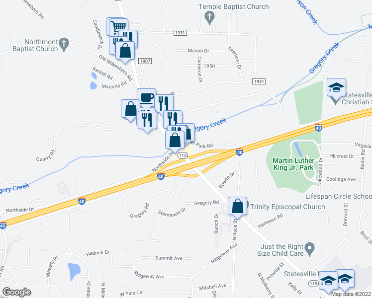 map of restaurants, bars, coffee shops, grocery stores, and more near 1244 Wilkesboro Highway in Statesville