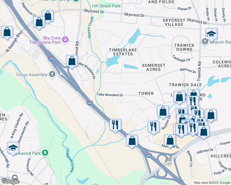 map of restaurants, bars, coffee shops, grocery stores, and more near 3217 Lake Woodard Drive in Raleigh