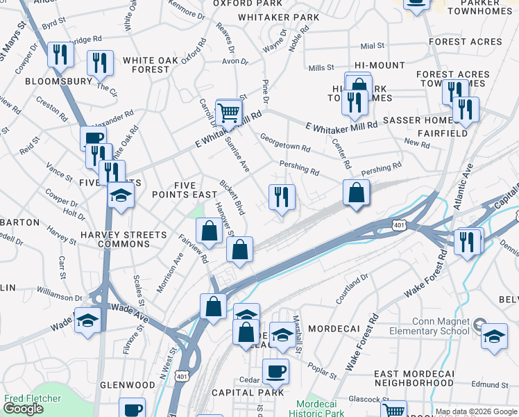 map of restaurants, bars, coffee shops, grocery stores, and more near 1526 Sunrise Avenue in Raleigh