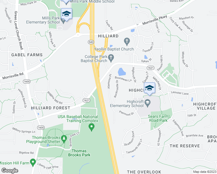 map of restaurants, bars, coffee shops, grocery stores, and more near 129 Alamosa Place in Cary