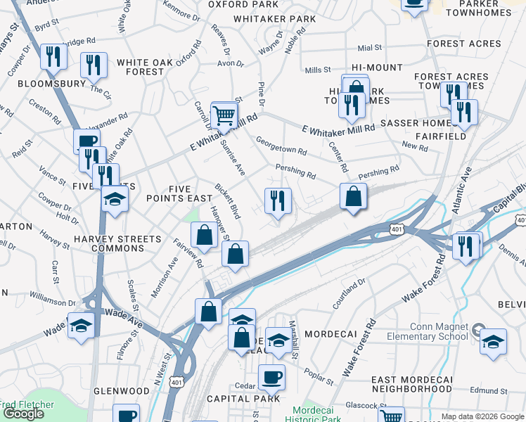 map of restaurants, bars, coffee shops, grocery stores, and more near 1526 Sunrise Avenue in Raleigh