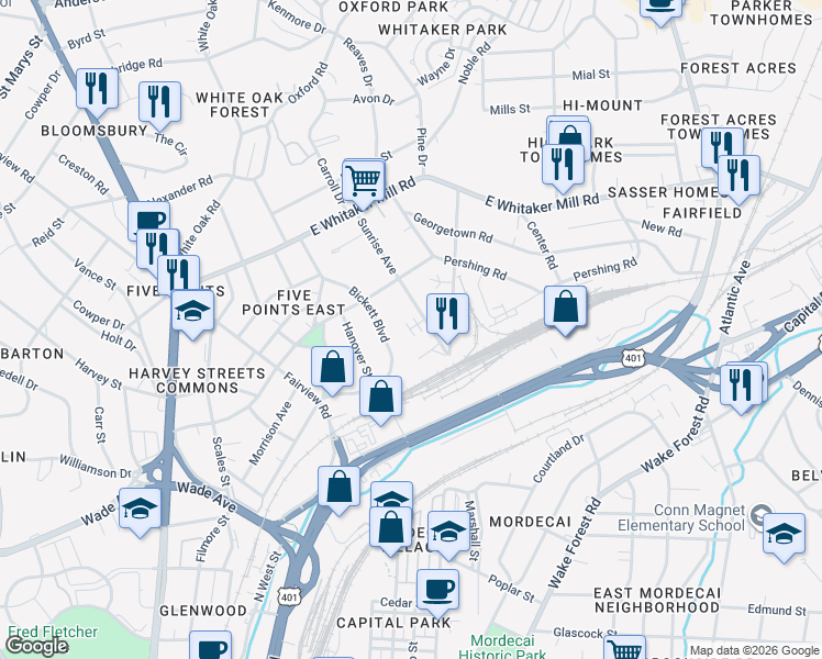 map of restaurants, bars, coffee shops, grocery stores, and more near 1526 Sunrise Avenue in Raleigh