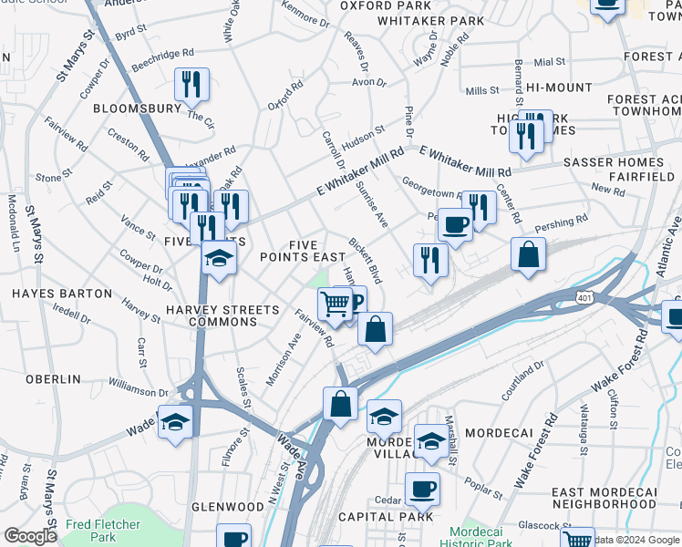 map of restaurants, bars, coffee shops, grocery stores, and more near 25 East Aycock Street in Raleigh