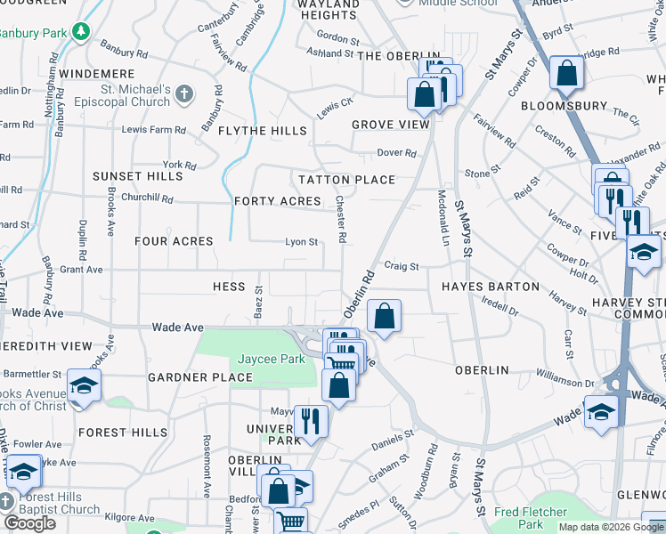 map of restaurants, bars, coffee shops, grocery stores, and more near 1413 Chester Road in Raleigh
