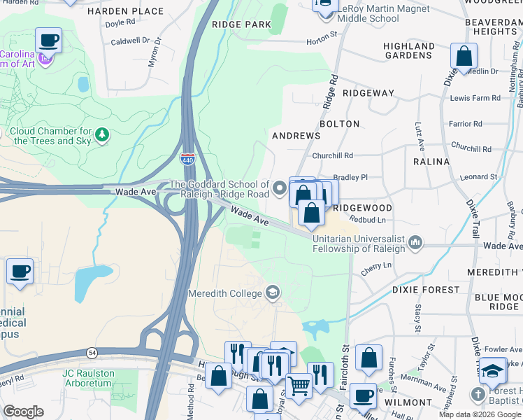 map of restaurants, bars, coffee shops, grocery stores, and more near 929 Marilyn Drive in Raleigh