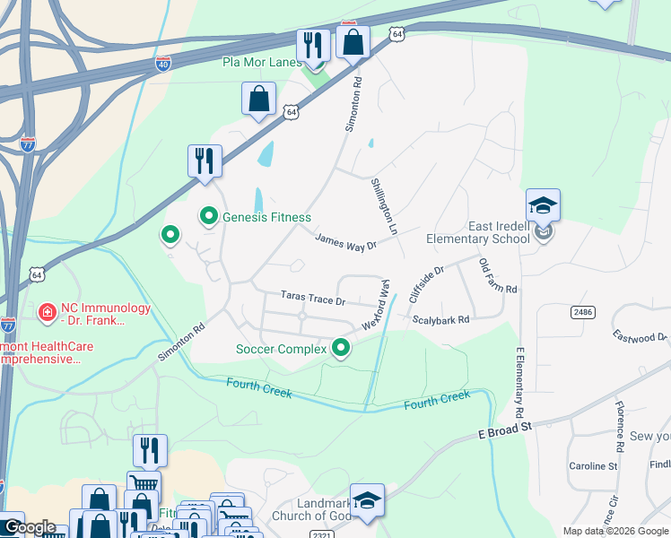 map of restaurants, bars, coffee shops, grocery stores, and more near 2222 James Way Drive in Statesville