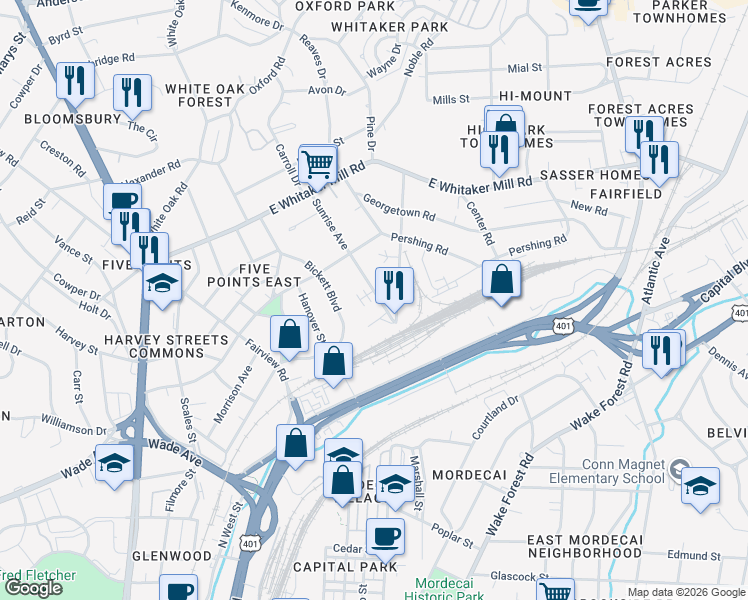 map of restaurants, bars, coffee shops, grocery stores, and more near 1526 Sunrise Avenue in Raleigh