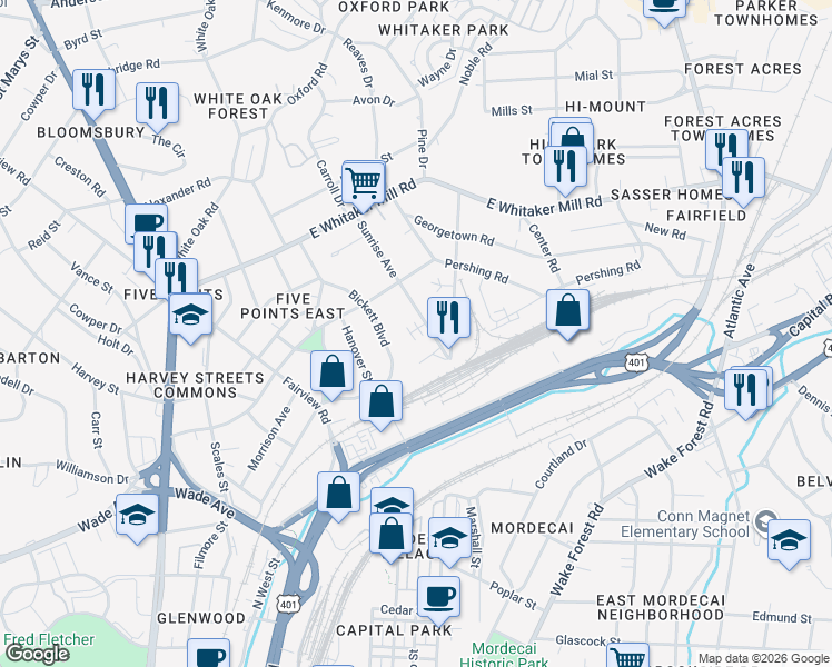 map of restaurants, bars, coffee shops, grocery stores, and more near 1526 Sunrise Avenue in Raleigh