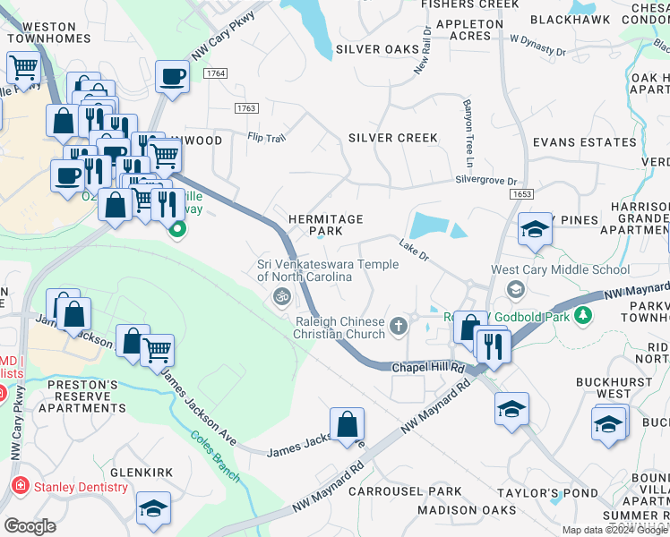 map of restaurants, bars, coffee shops, grocery stores, and more near 1036 Laurel Twist Road in Cary