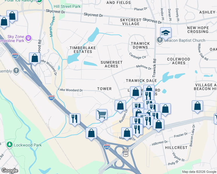 map of restaurants, bars, coffee shops, grocery stores, and more near 3406 Melrose Drive in Raleigh