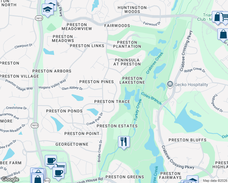 map of restaurants, bars, coffee shops, grocery stores, and more near 100 Preston Ridge Court in Cary