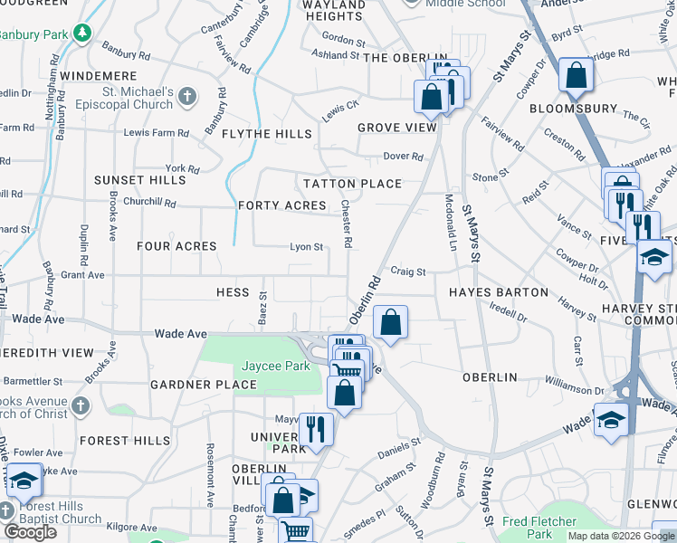 map of restaurants, bars, coffee shops, grocery stores, and more near 1413 Chester Road in Raleigh