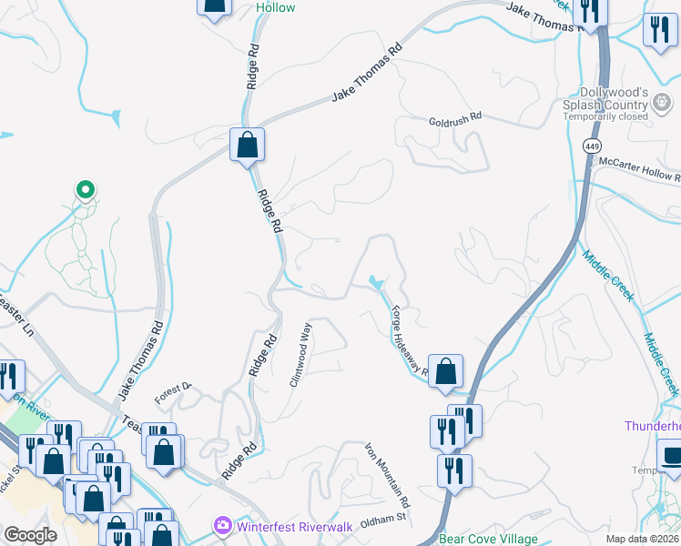 map of restaurants, bars, coffee shops, grocery stores, and more near 2307 Forge Hideaway Loop in Sevierville