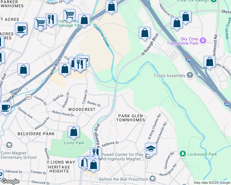 map of restaurants, bars, coffee shops, grocery stores, and more near 2003 Raleigh Boulevard in Raleigh