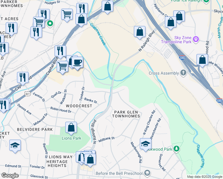 map of restaurants, bars, coffee shops, grocery stores, and more near 2003 Raleigh Boulevard in Raleigh