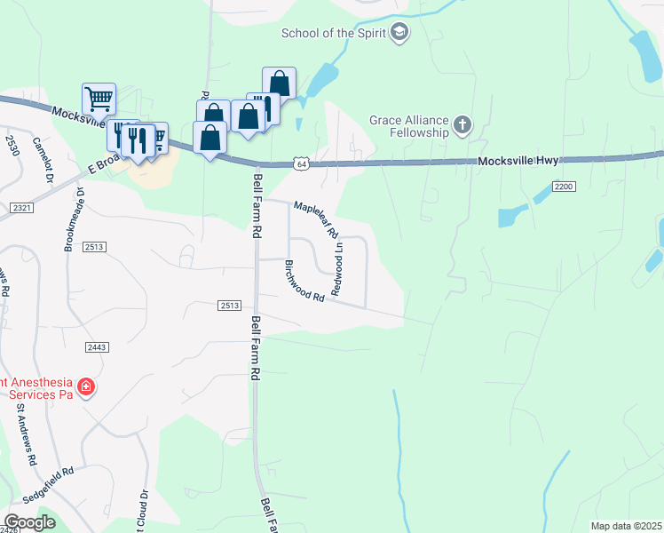 map of restaurants, bars, coffee shops, grocery stores, and more near 116 Redwood Lane in Statesville