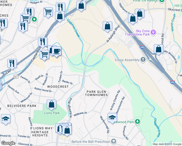 map of restaurants, bars, coffee shops, grocery stores, and more near 705 Barksdale Drive in Raleigh