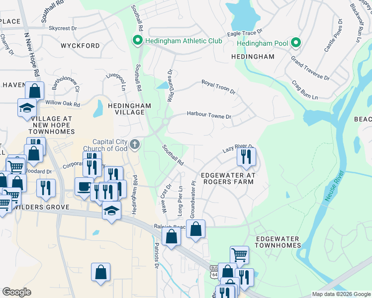 map of restaurants, bars, coffee shops, grocery stores, and more near 4948 Royal Adelaide Way in Raleigh