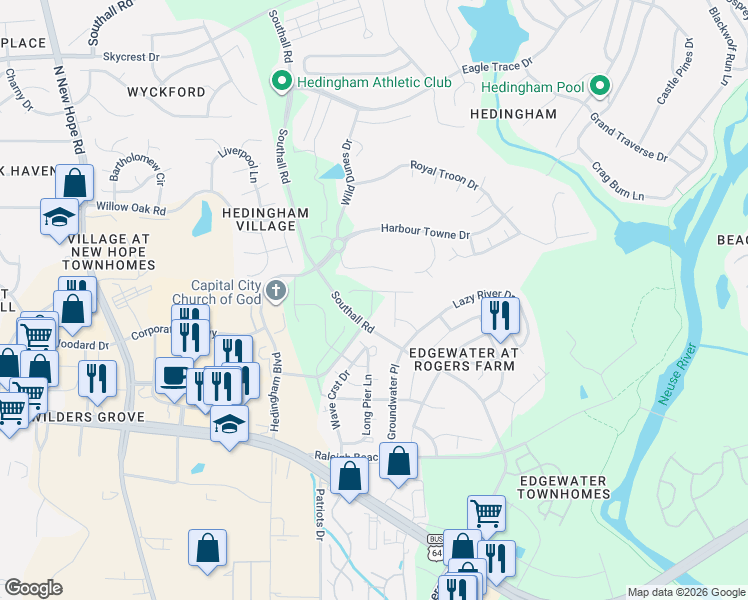 map of restaurants, bars, coffee shops, grocery stores, and more near 4948 Royal Adelaide Way in Raleigh
