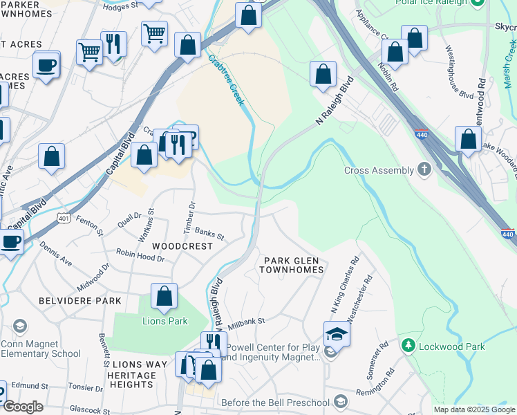 map of restaurants, bars, coffee shops, grocery stores, and more near 705 Barksdale Drive in Raleigh