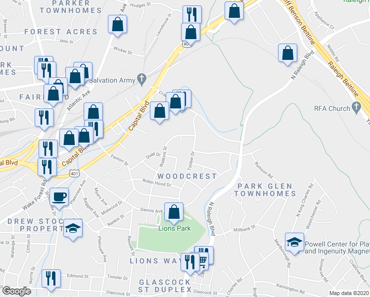 map of restaurants, bars, coffee shops, grocery stores, and more near 2311 Lora Lane in Raleigh