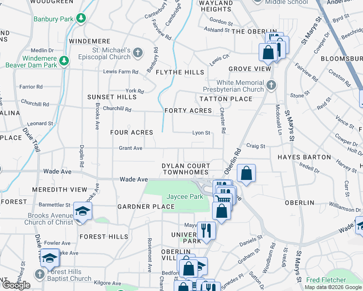 map of restaurants, bars, coffee shops, grocery stores, and more near 2329 Lyon Street in Raleigh