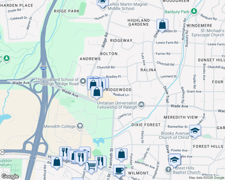 map of restaurants, bars, coffee shops, grocery stores, and more near 3438 Leonard Street in Raleigh
