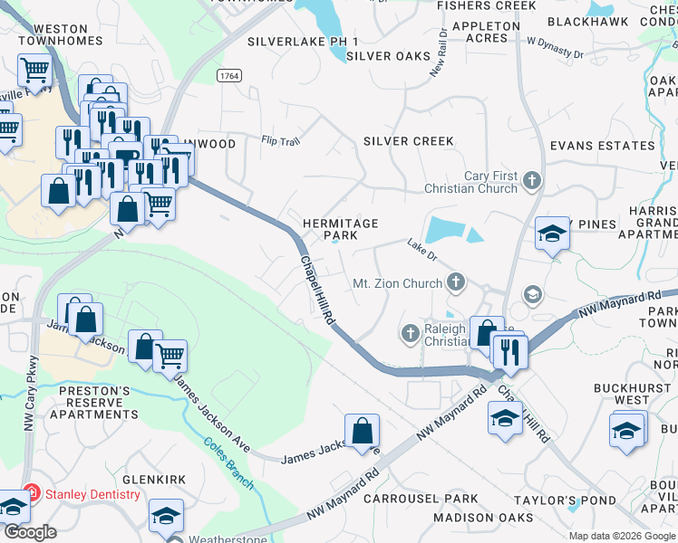 map of restaurants, bars, coffee shops, grocery stores, and more near 9484 Chapel Hill Road in Cary
