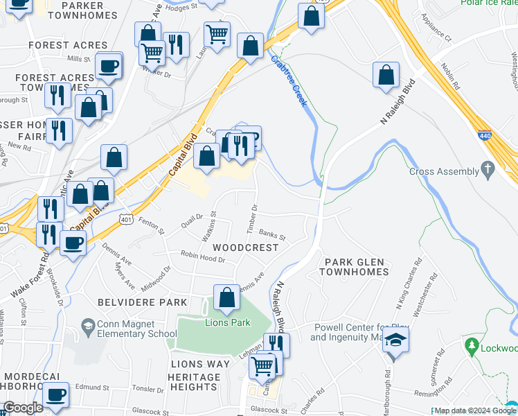 map of restaurants, bars, coffee shops, grocery stores, and more near 2300 Timber Drive in Raleigh