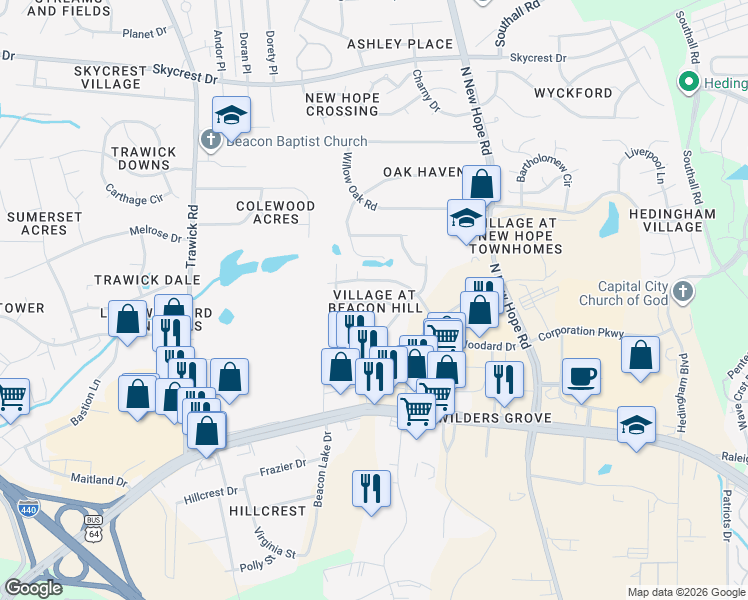 map of restaurants, bars, coffee shops, grocery stores, and more near 4232 Lake Woodard Drive in Raleigh