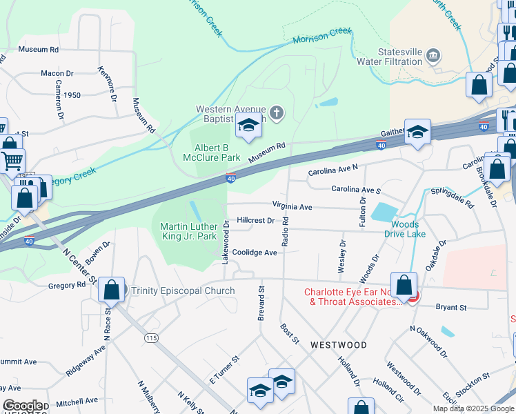 map of restaurants, bars, coffee shops, grocery stores, and more near 448 Virginia Avenue in Statesville