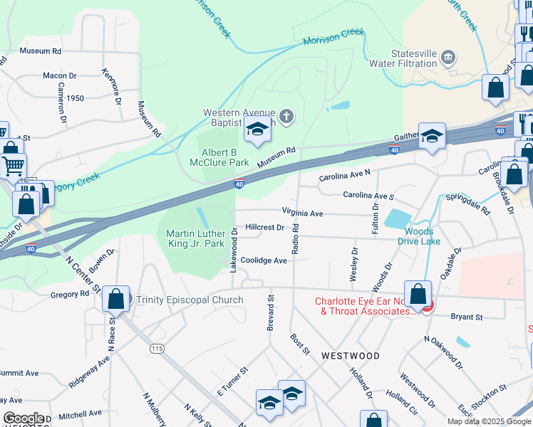 map of restaurants, bars, coffee shops, grocery stores, and more near 448 Virginia Avenue in Statesville