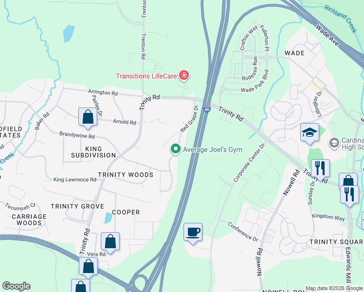 map of restaurants, bars, coffee shops, grocery stores, and more near 1005 Vino Drive in Raleigh