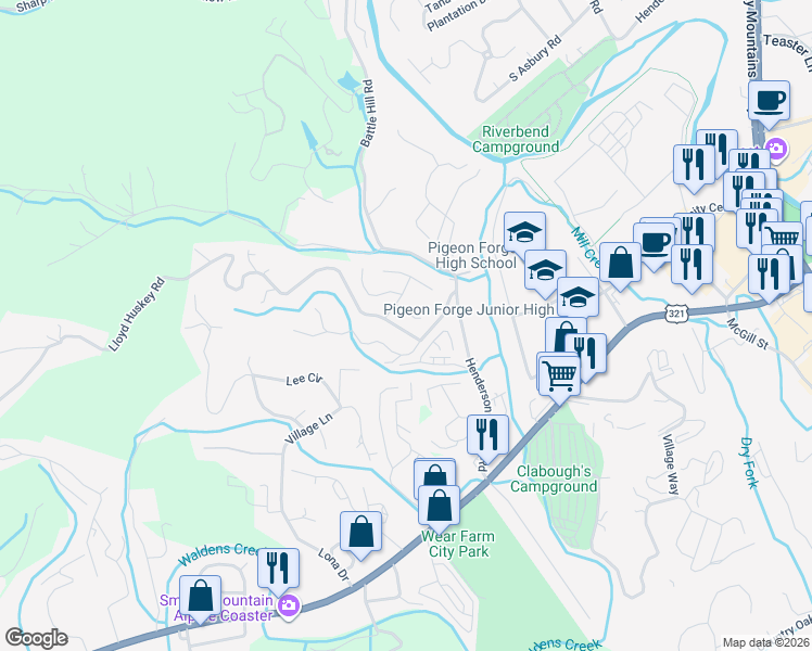 map of restaurants, bars, coffee shops, grocery stores, and more near 2708 Cobblestone Drive in Pigeon Forge