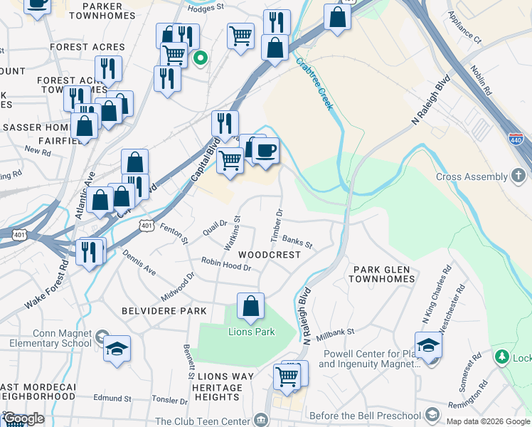 map of restaurants, bars, coffee shops, grocery stores, and more near 2311 Lora Lane in Raleigh