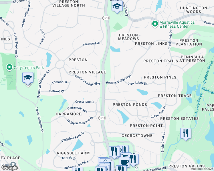 map of restaurants, bars, coffee shops, grocery stores, and more near 547 Calderbank Way in Cary
