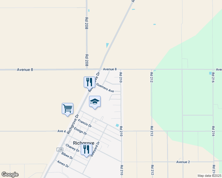 map of restaurants, bars, coffee shops, grocery stores, and more near 20877-20999 Hernandez Ave in Richgrove